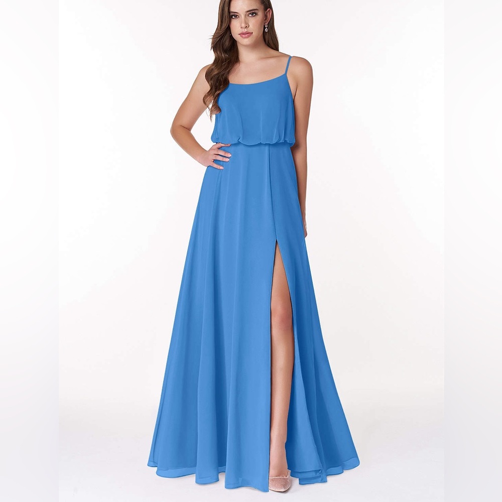 AZAZIE LUPE Blue Jay A-Line Scoop Blouson Chiffon Dress 10A altered to 5’4
